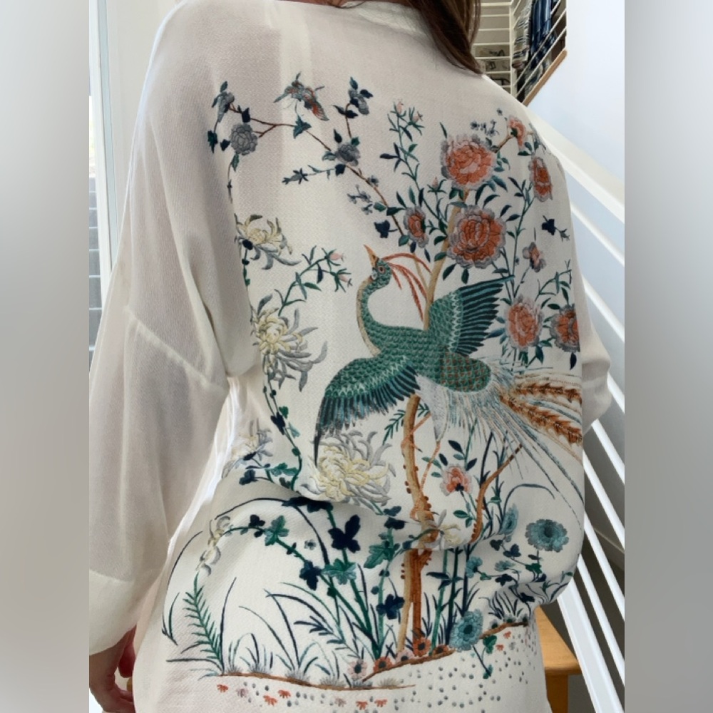 JENS PIRATE BOOTY x FREE PEOPLE BOHO FLORAL PEACOCK CRANE KIMONO ANTHROPOLOGIE - Picture 7 of 9